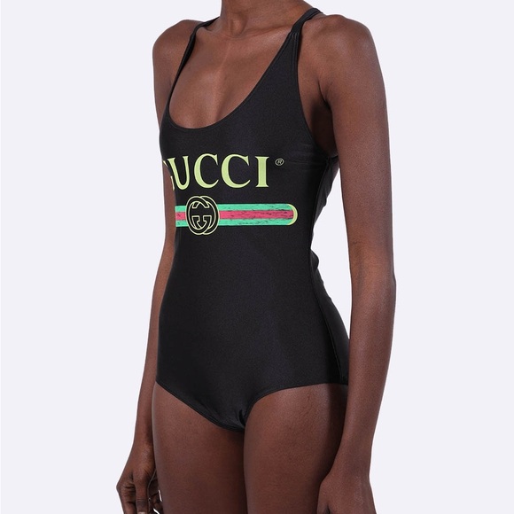 Gucci Black One-Piece Swimsuit with Neon Green Logo and Red-Green Stripe - Picture 2 of 11